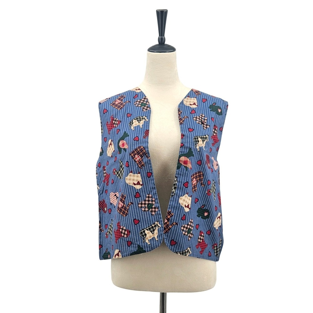 Vintage 90s Farm Animal Print Vest | Country‎ Cottagecore Quilted Waistcoat - Picture 3 of 11
